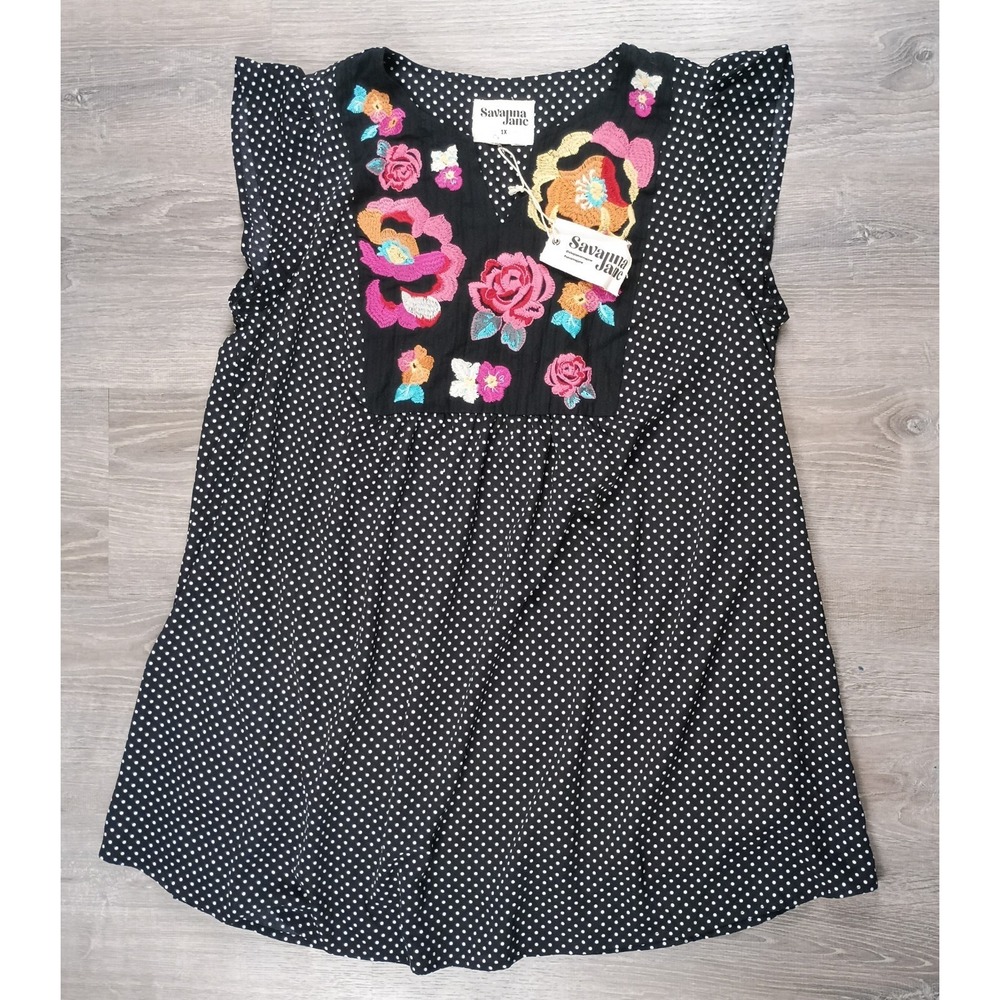 Savanna Jane Polka Dot Embroidered Black Blouse Tunic Mini Dress 1X‎ NEW